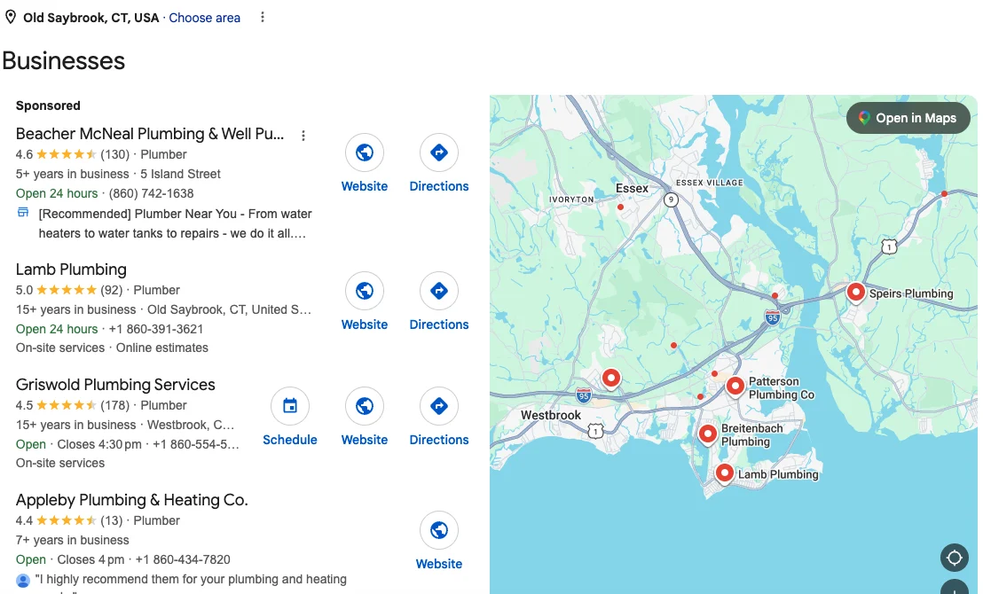 Google map pack for the search plumbing repair Old Saybrook CT, showing Griswold Plumbing Services with 4.5 stars from 178 reviews